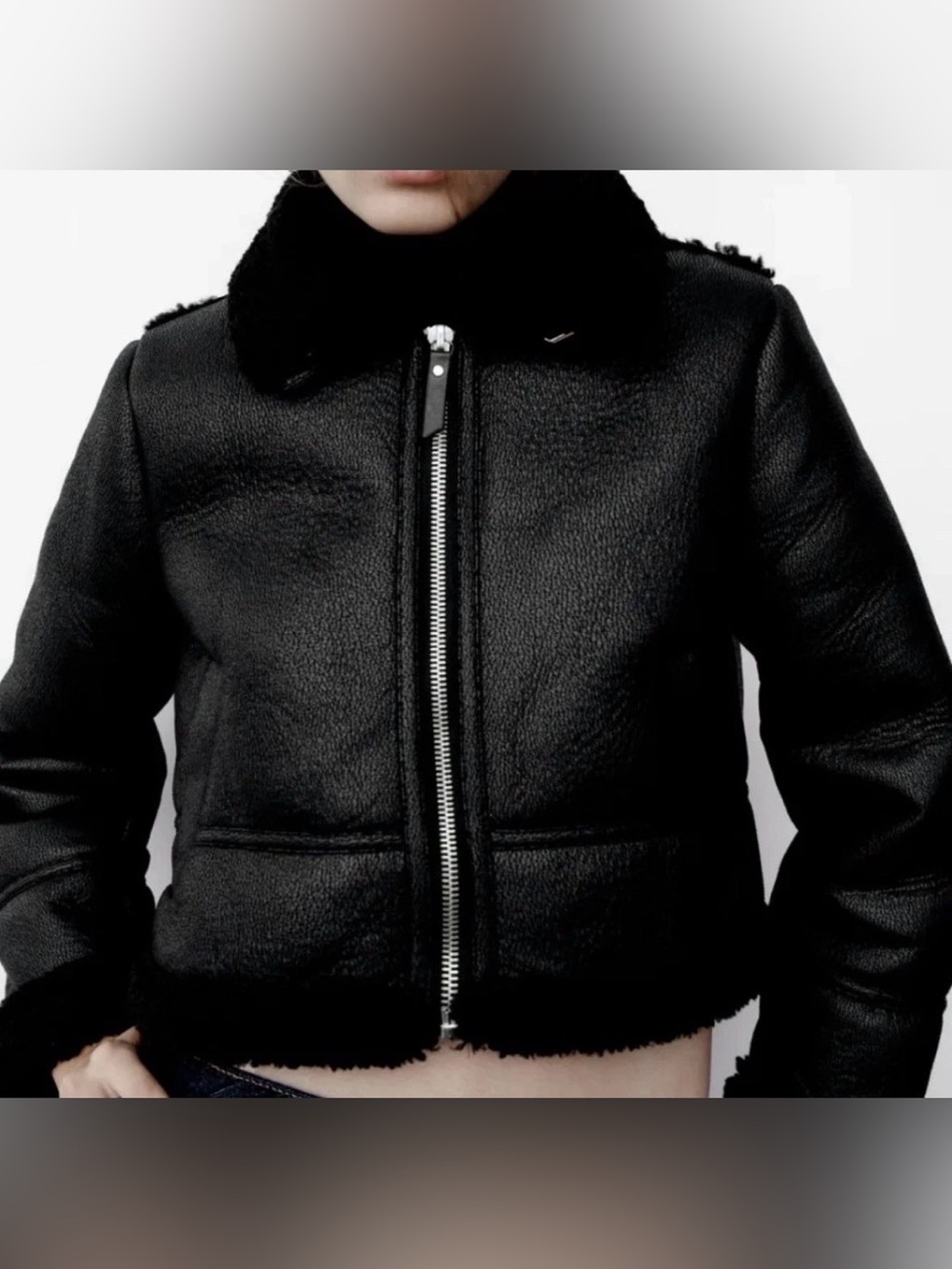 ZARA Black Faux Leather Shearling Aviator Jacket Women’s Zip Front Cozy size XS